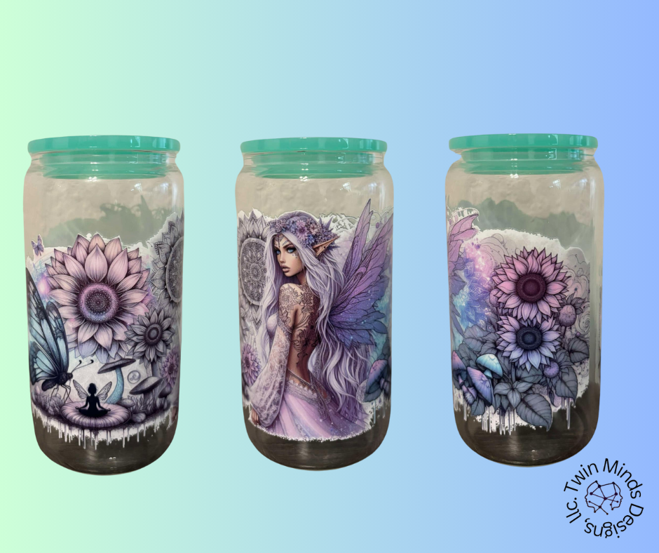 16 Oz Glass Cup Colored Lid- Fairy