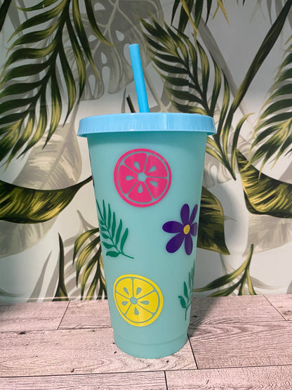 24 OZ Color Changing Plastic Cup- Lemons, Flowers & Leafs