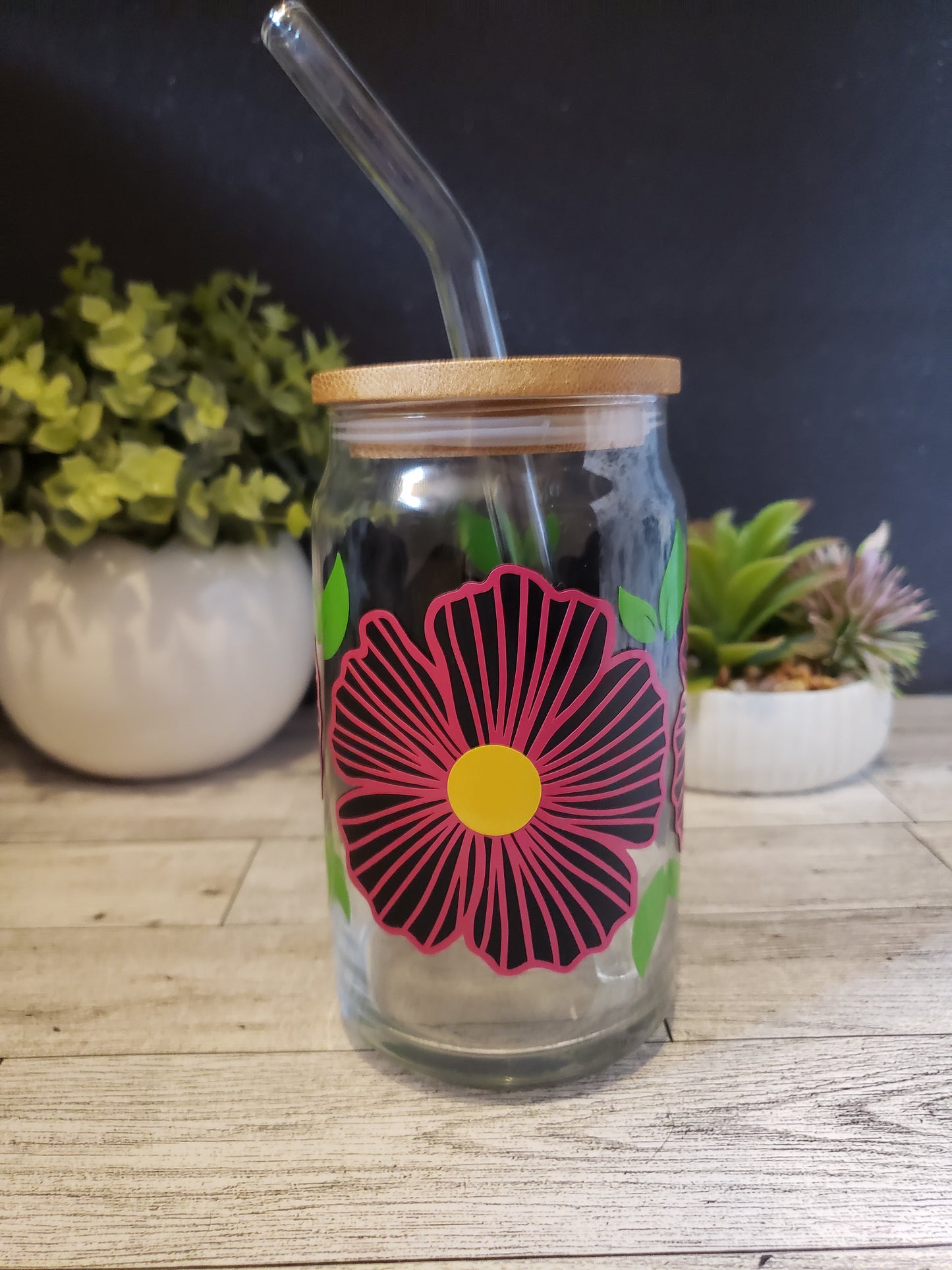 16oz Glass Cup Floral
