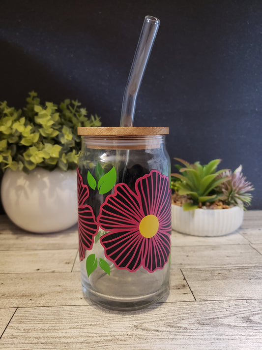 16oz Glass Cup Floral