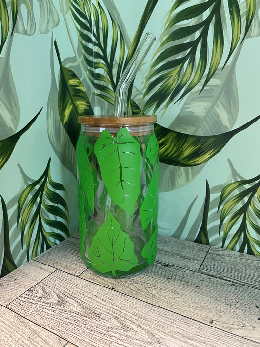 16 OZ Glass Cup- Leaves